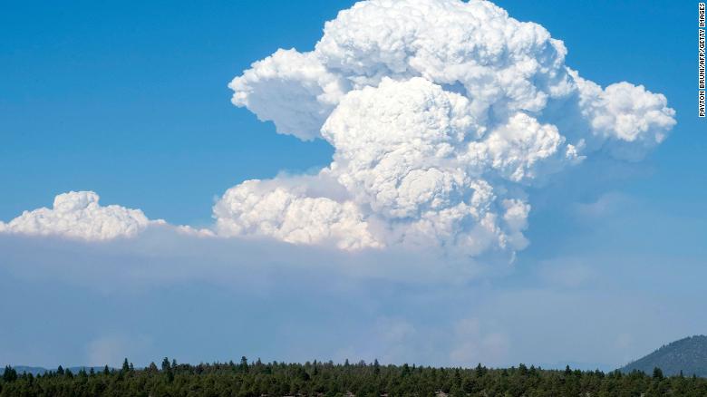 A pyrocumulus cloud from the Bootleg Fire drifts into the air Friday near Bly, Oregon.