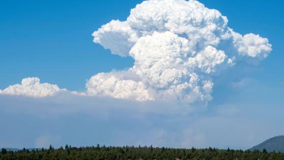 A cloud from the Bootleg Fire drifts into the air near Bly, Oregon, on July 16.