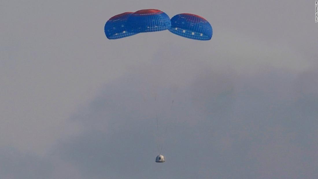 The New Shepard capsule parachutes safely back to Earth.