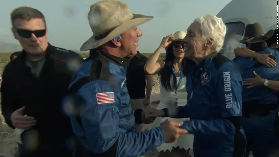 Bezos talks with Wally Funk after the crew&#39;s successful spaceflight. Funk, 82, trained for NASA&#39;s Mercury program but was denied the opportunity to go to space until now.