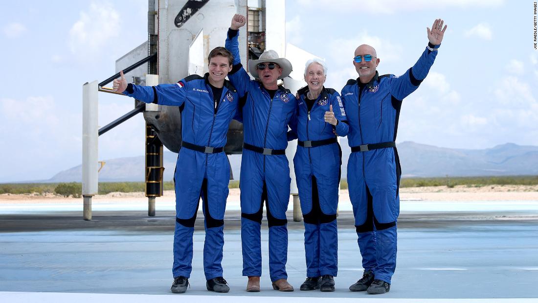 From left, Oliver Daemen, Bezos, Wally Funk and Bezos&#39; brother Jeff pose for a picture after &lt;a href=&quot;http://www.cnn.com/2021/07/20/us/gallery/jeff-bezos-spaceflight/index.html&quot; target=&quot;_blank&quot;&gt;flying into space&lt;/a&gt; in July 2021. The trip marked the first-ever crewed flight of Blue Origin&#39;s suborbital space tourism rocket, New Shepard.