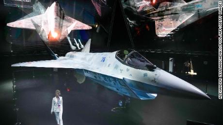 A prototype of Russia&#39;s new Sukhoi &quot;Checkmate&quot; fighter is on display at the MAKS 2021 International Aviation and Space Salon, in Zhukovsky, outside Moscow, on July 20.