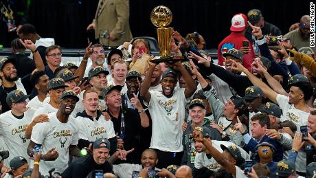 The Bucks celebrate after defeating the Phoenix Suns in Game 6 to win their second NBA title.