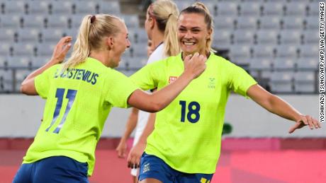Sweden forward Stina Blackstenius celebrates after scoring her second goal of the match.
