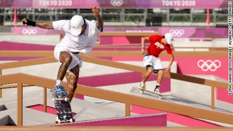 Nyjah Huston and Jagger Eaton of Team United States practice on the skateboard street course ahead of the Tokyo Olympic Games.