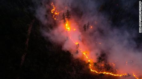 An aerial view shows a wildfire in Yakutia, Russia.