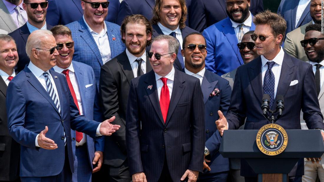 President Joe Biden laughs at a joke made by Brady, who was visiting the White House along with his Tampa Bay teammates in July 2021. One of Brady&#39;s jokes was about those who continue to deny that Biden won the 2020 election. &quot;Not a lot of people think that we could have won (the Super Bowl). In fact, I think about 40% of people still don&#39;t think we won. You understand that, Mr. President?&quot; Brady said to laughter. Biden responded, &quot;I understand that.&quot;