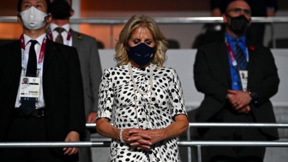 Jill Biden, the first lady of the United States, takes part in a moment of silence during the opening ceremony.