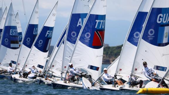 Athletes participate in a sailing training session in Enoshima Yacht Harbor.