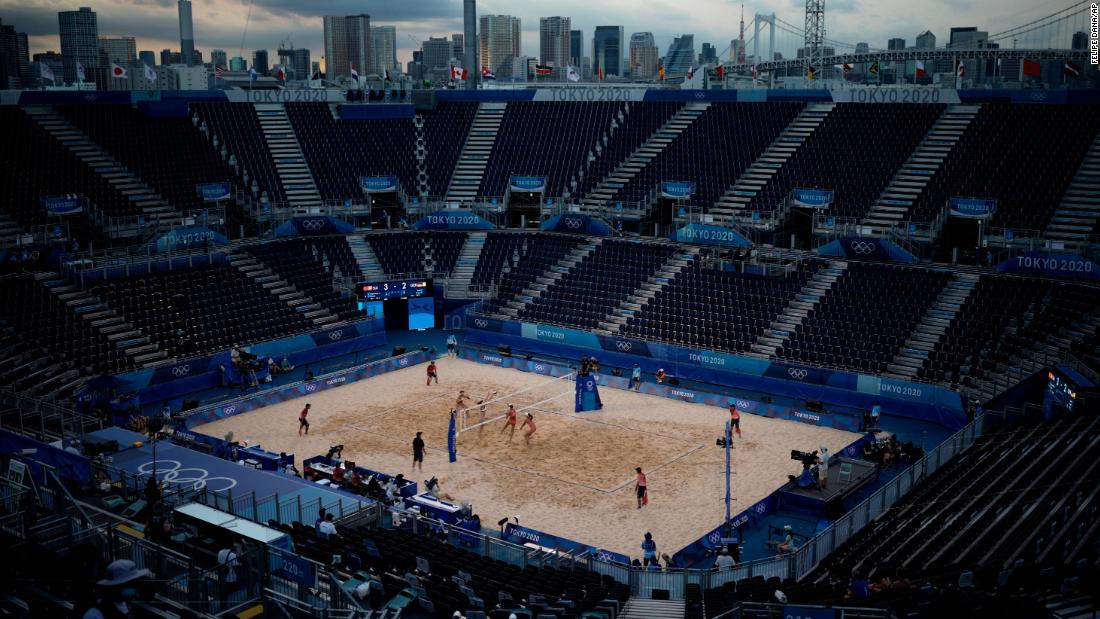 German beach-volleyball players Julia Sude and Karla Borger play Switzerland&#39;s Anouk Vergé-Dépré and Joana Heidrich in an empty Shiokaze Park on Saturday, July 24.