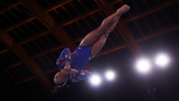 American gymnast Simone Biles performs on the vault during the qualification round on July 25. The team all-around final is Tuesday, and the Americans will look to defend the gold they won at the 2016 Games in Rio de Janeiro.