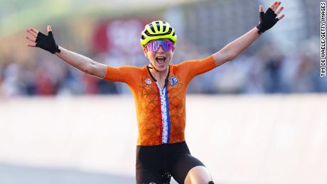 Annemiek van Vleuten of Team Netherlands celebrates winning the silver medal on day two of the Tokyo 2020 Olympic Games at Fuji International Speedway on July 25, 2021 in Oyama, Shizuoka, Japan.