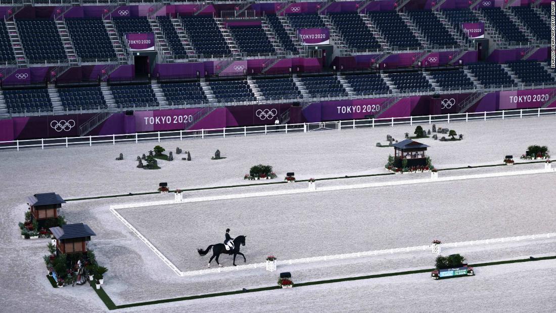 US equestrian Adrienne Lyle rides Salvino in the dressage competition on July 25.