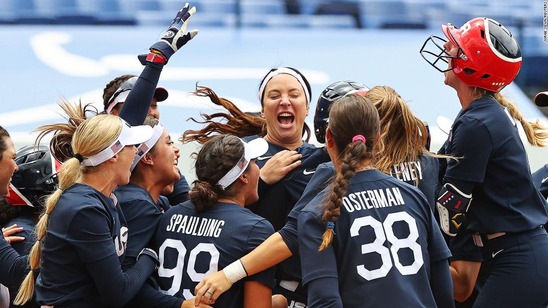 The US softball team celebrates its 2-1 win over Japan on July 26. The two teams will meet again in the gold-medal game July 27.