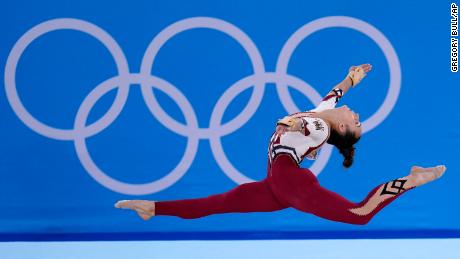 Pauline Schaefer-Betz, of Germany, performs her floor exercise routine during the women&#39;s artistic gymnastic qualifications at the 2020 Summer Olympics on Sunday.