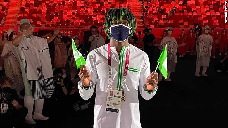 Gymnast Uche Eke pictured at the opening ceremonies at the Tokyo 2020 Olympics.