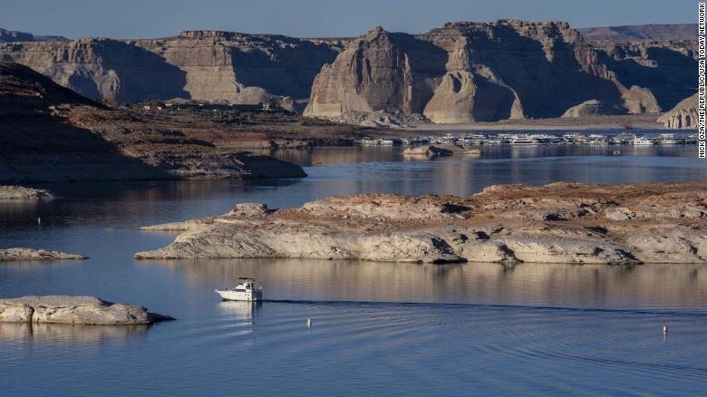 Lake Powell, the second largest reservoir on the Colorado River, hit the lowest water level since it was filled in 1963. 