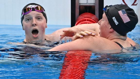 Lydia Jacoby, left, is congratulated by fellow American swimmer Lilly King after <a href=