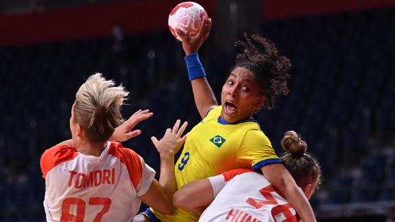 Brazil's Ana Paula Rodrigues Belo attempts to shoot during a handball match against Hungary on July 27.