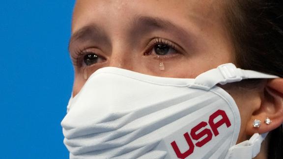 US diver Jessica Parratto cries after she and teammate Delaney Schnell won a silver medal in <a href=
