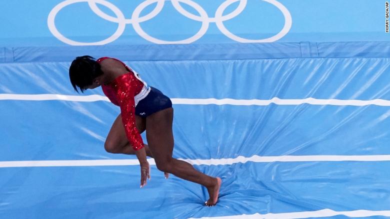 Biles stumbles as she lands during the artistic gymnastics women&#39;s final at the 2020 Summer Olympics on Tuesday