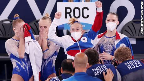 Team ROC celebrates winning the gold medal in the women&#39;s team gymnastic final at Tokyo 2020.