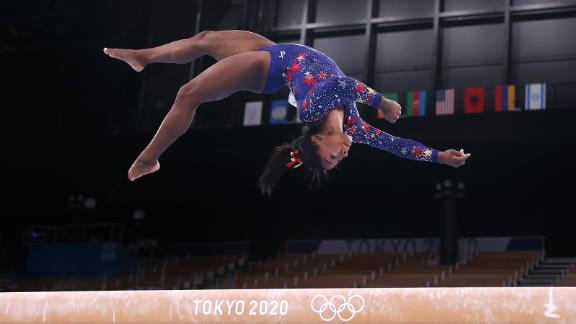 Biles competes on the balance beam at the Tokyo 2020 Olympic Games on Sunday, July 25.