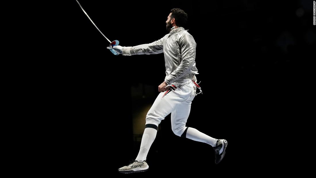 Egyptian fencer Ziad Elsissy celebrates a team sabre win on July 28.