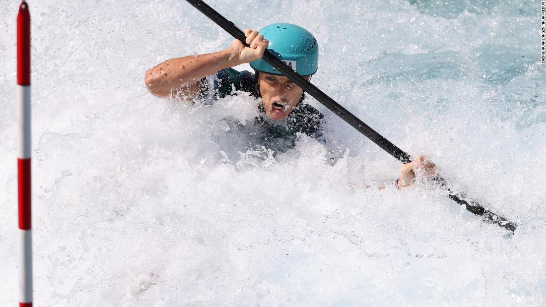 French slalom canoeist Marie-Zélia Lafont competes in the K-1 semifinal on July 27.