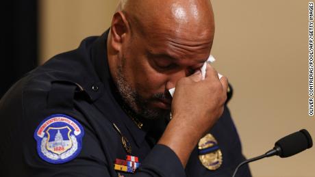 US Capitol Police officer Harry Dunn becomes emotional as he testifies during the Select Committee investigation of the January 6, 2021 attack on the US Capitol.