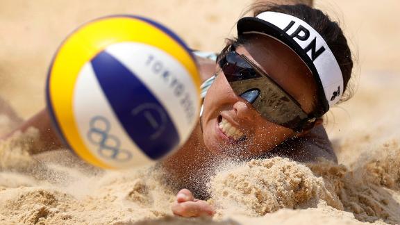 Japan's Megumi Murakami competes in a beach volleyball match on July 28. 