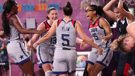 From left, Jacquelyn Young, Stefanie Dolson, Kelsey Plum and Allisha Gray celebrate after <a href=