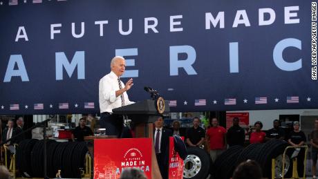 US President Joe Biden speaks about American manufacturing and the American workforce after touring the Mack Trucks Lehigh Valley Operations Manufacturing Facility in Macungie, Pennsylvania on July 28, 2021. 