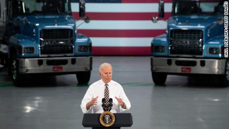 US President Joe Biden speaks about American manufacturing and the American workforce after touring the Mack Trucks Lehigh Valley Operations Manufacturing Facility in Macungie, Pennsylvania on July 28, 2021.