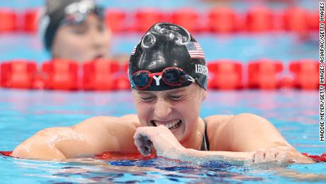 Ledecky reacts to her 1500m freestyle victory in Tokyo -- the first time the distance has been held as a women&#39;s event at the Olympics.