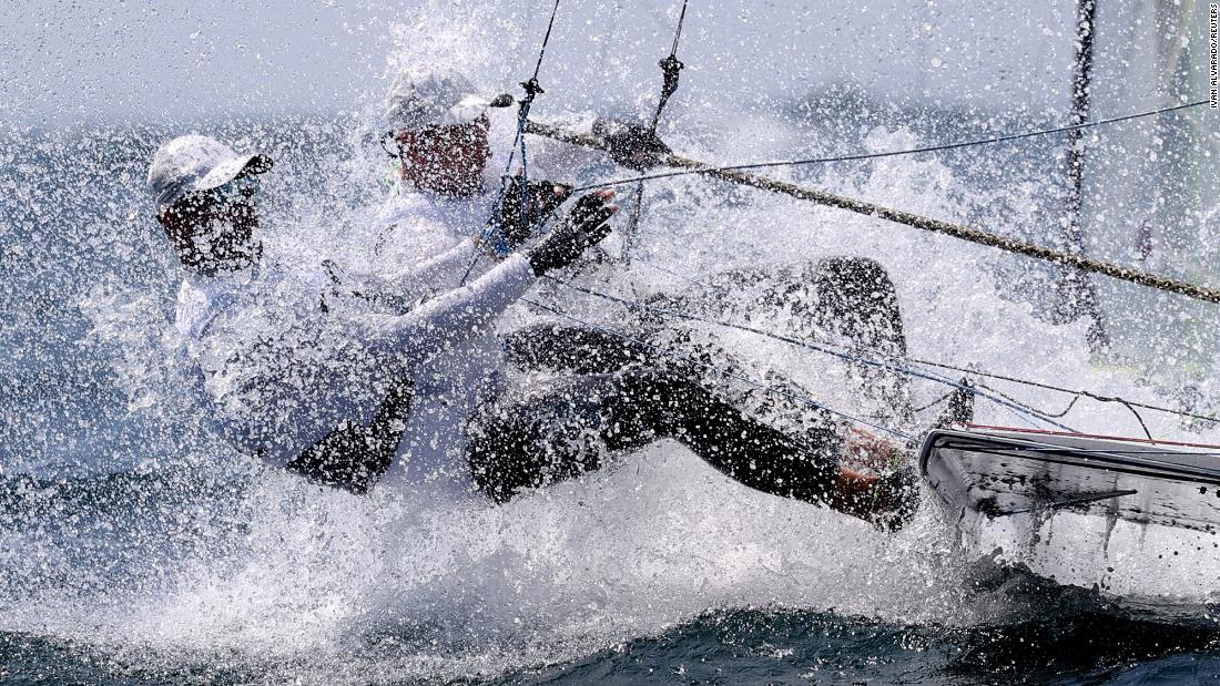 Poland&#39;s Lukasz Przybytek and Pawel Kolodzinski compete in the 49er sailing competition on July 28.