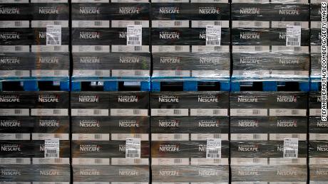 Pallets of Nestlé&#39;s Nescafe instant coffee in the storage warehouse ahead of shipping at a plant in Switzerland,.
