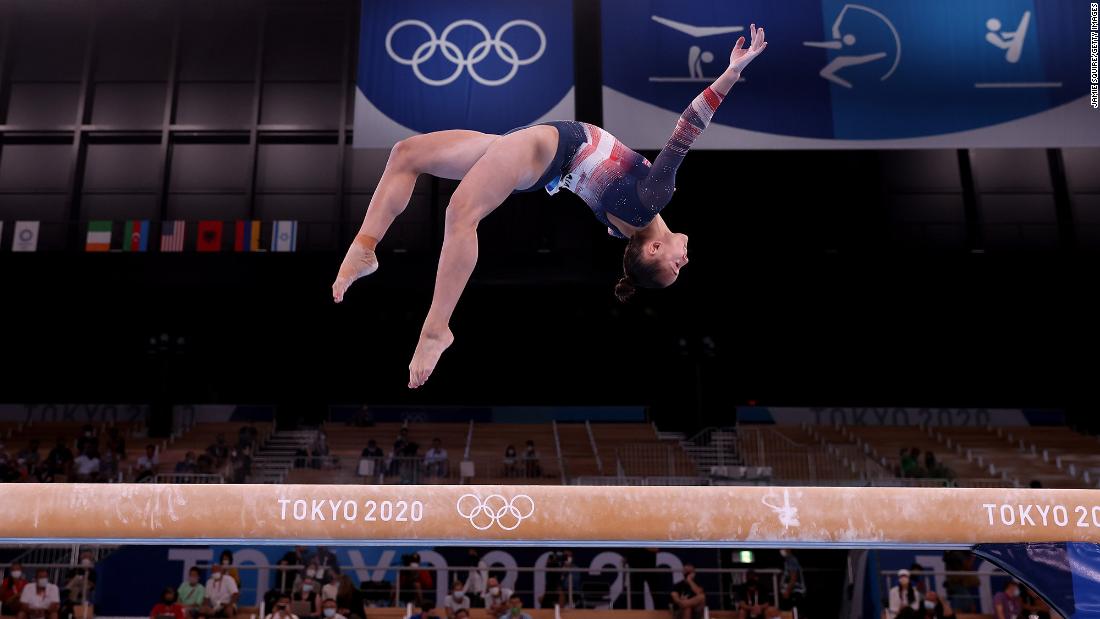 US gymnast Sunisa &quot;Suni&quot; Lee competes on the balance beam during the individual all-around final on Thursday, July 29.