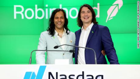 Baiju Bhatt and Vlad Tenev attend Robinhood Markets IPO Listing Day on July 29, 2021 in New York City. 