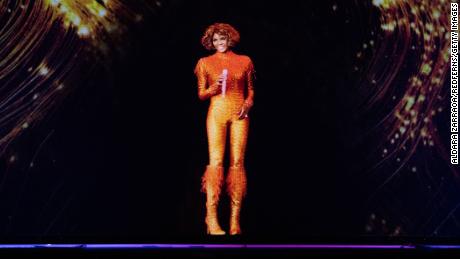A hologram of American singer Whitney Houston performing is projected on stage at Teatro Bankia Príncipe Pío on October 30, 2020 in Madrid, Spain. 