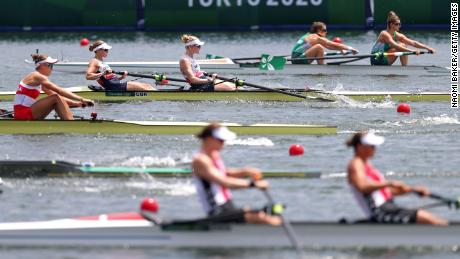Helen Glover and Polly Swann compete in the women&#39;s pair semifinals at the Tokyo Olympics. 