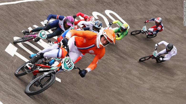 Kye Whyte of Team Great Britain, Niek Kimmann of Team Netherlands, Corben Sharrah of Team United States and Tore Navrestad of Team Norway compete during the Men&#39;s BMX semifinal heat 2, run 3 on day seven of the Tokyo 2020 Olympic Games at Ariake Urban Sports Park.