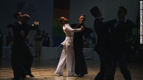 Participants compete in the dancing event of the 2018 Gay Games in Paris. 