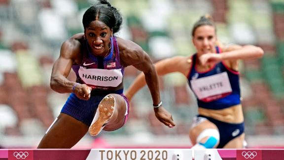 The United States' Keni Harrison races a 100-meter hurdles heat on July 31.