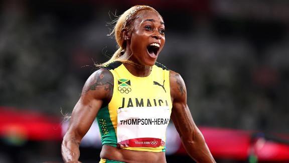 Jamaican sprinter Elaine Thompson-Herah celebrates after <a href=