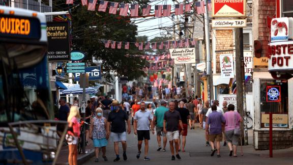 Foot traffic along Commercial street in Provincetown, MA on July 20, 2021. Provincetown officials have issued a new mask-wearing advisory for indoors regardless of vaccination status on the latest news data showing that Provincetown COVID cases are increasing.