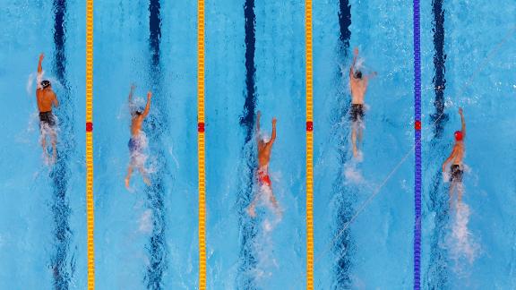 From left, Italy's Gregorio Paltrinieri, the United States' Bobby Finke, Ukraine's Mykhailo Romanchuk, Germany's Florian Wellbrock and Great Britain's Daniel Jervis race the 1,500-meter freestyle on August 1. <a href=