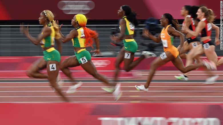 Thompson-Herah, Fraser-Pryce, and Jackson race clear of the field in the women's 100m final.
