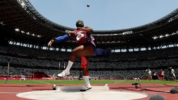 The United States' Raven Saunders competes in the shot put on August 1. Saunders, <a href=