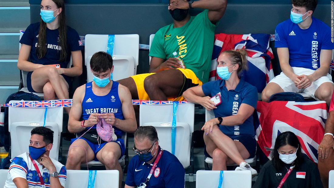 British diver Tom Daley, who has a whole &lt;a href=&quot;https://www.instagram.com/madewithlovebytomdaley/&quot; target=&quot;_blank&quot;&gt;Instagram account&lt;/a&gt; devoted to his hobby of knitting and crochet, works on a new creation while watching the women&#39;s 3-meter springboard final on August 1. On his Instagram Stories, he revealed he was making a &quot;jumper,&quot; or sweater, for a French bulldog. Daley &lt;a href=&quot;https://www.cnn.com/2021/07/26/sport/tom-daley-matty-lee-diving-olympic-gold-spt-intl/index.html&quot; target=&quot;_blank&quot;&gt;picked up the hobby&lt;/a&gt; during the pandemic.